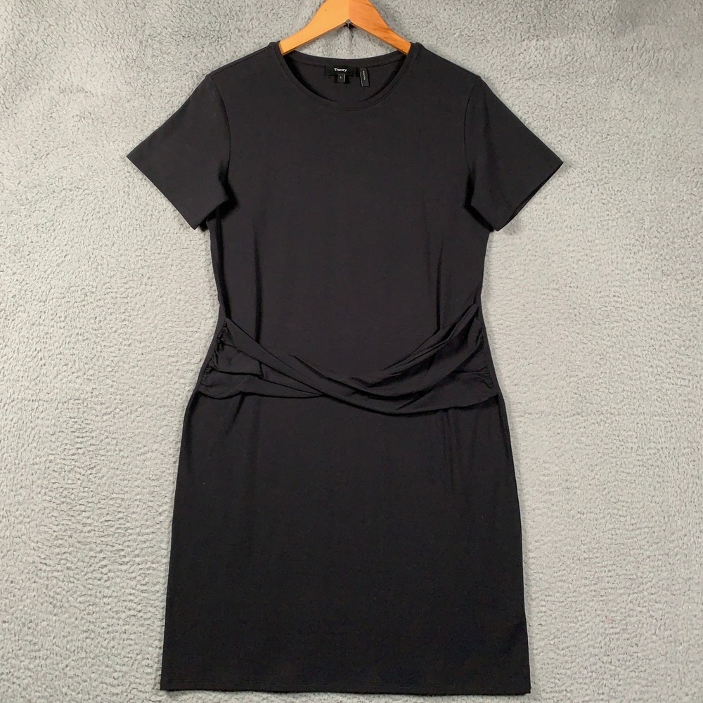 Theory Twist Front Dress Womens Large L Black Rubric Pima Cotton Short Sleeve